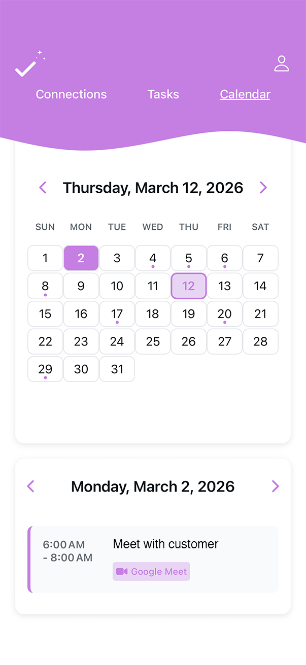 Waffl AI calendar view with events and tasks
