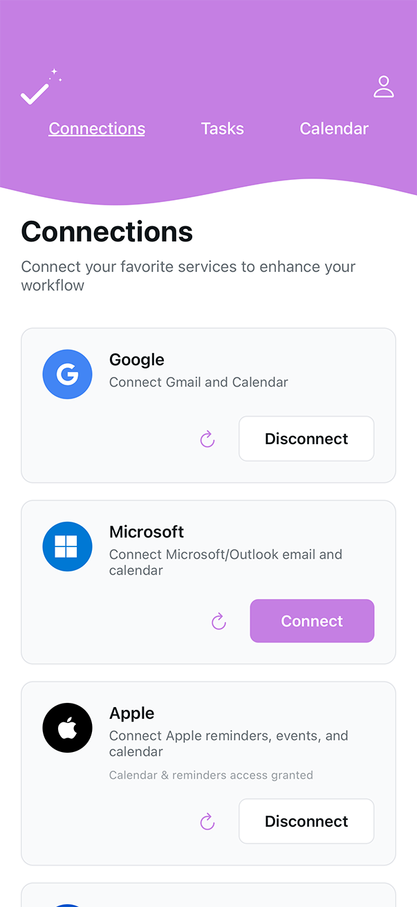 Waffl AI integrations page showing connected services