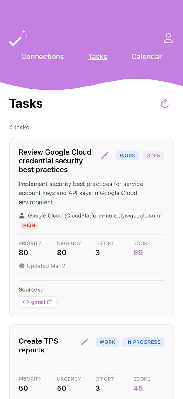 Waffl AI task list showing prioritized tasks from email and integrations